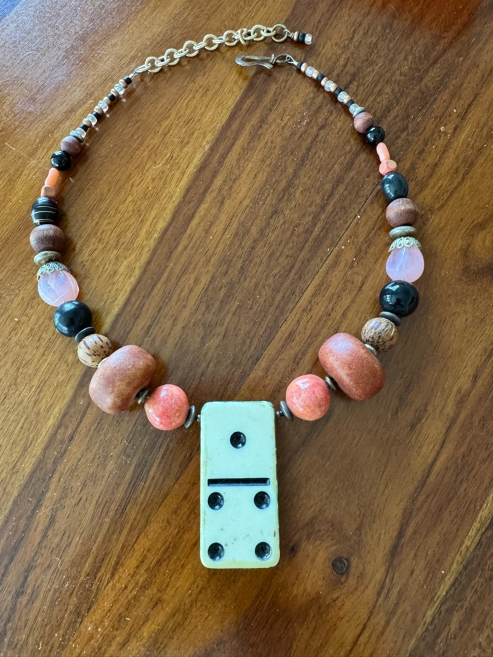 Coral & Black Beaded Domino Reversible Pendant Necklace
